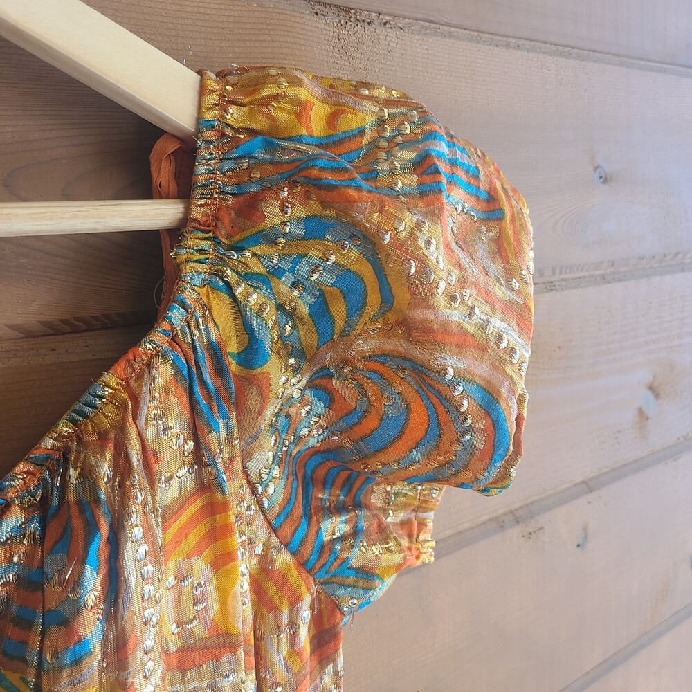 Vintage 70's Handmade Dress Peasant Metallic Psychedelic Empire Puff Sleeve Boho - Picture 4 of 7